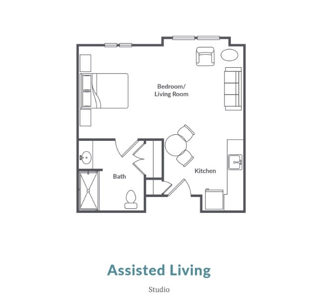 A floor plan of an assisted living apartment featuring a bedroom, living room, and bathroom.