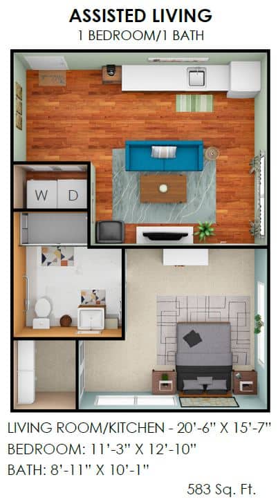 A compact and modern apartment floor plan with a living area, bedroom, bathroom, and kitchen.