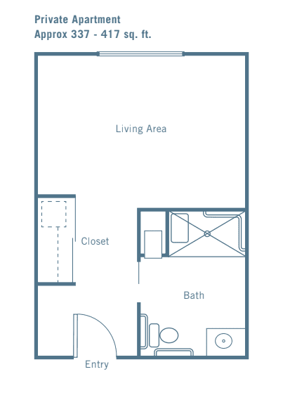 A simple floor plan featuring a living area, bathroom, and closet.