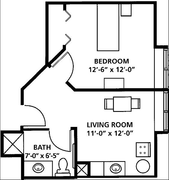 A floor plan of an apartment showing a bedroom, living room, and bathroom with dimensions.