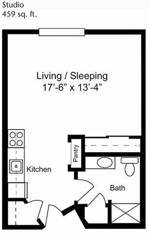 A studio apartment floor plan featuring a combined living and sleeping area, kitchen, bathroom, and pantry.
