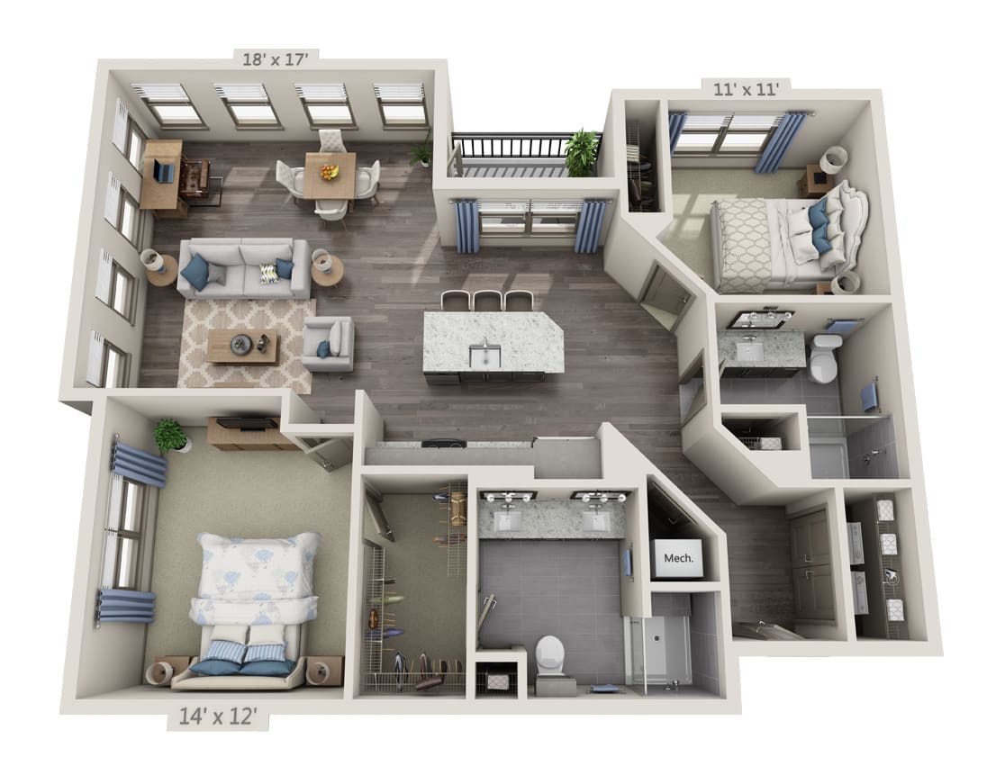 A 3D rendered floor plan of a modern apartment with two bedrooms, a living area, kitchen, and bathrooms.