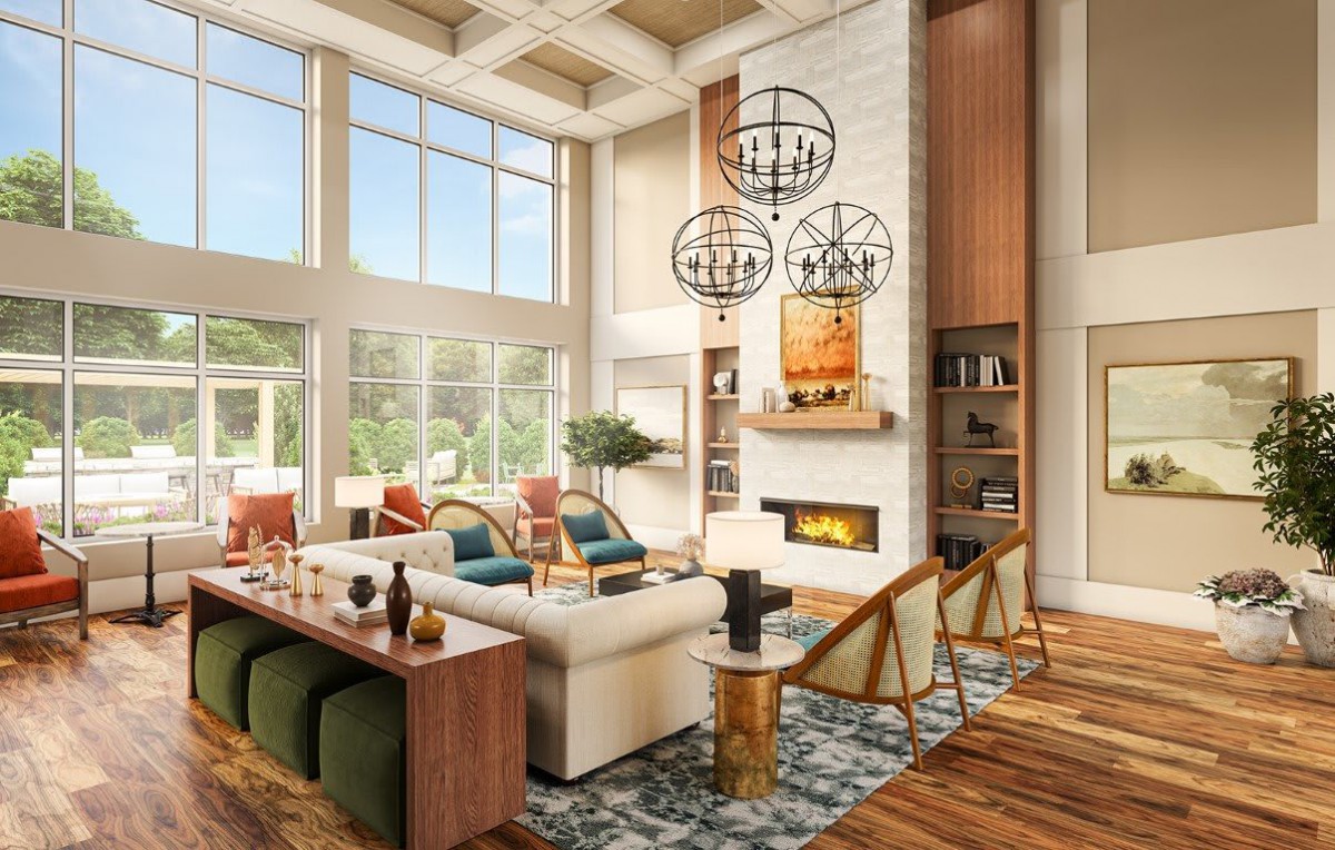 A modern living room with high ceilings, large windows, and a stylish fireplace.