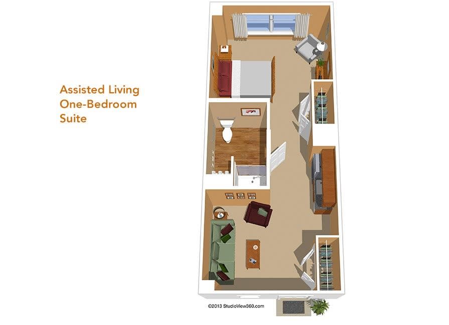A floor plan of a one-bedroom assisted living suite.