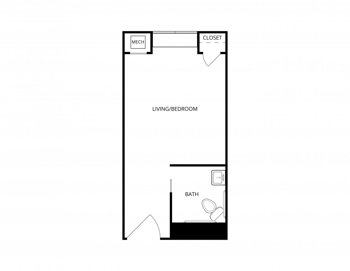 A simple studio apartment floor plan featuring a combined living-bedroom area and a separate bathroom.