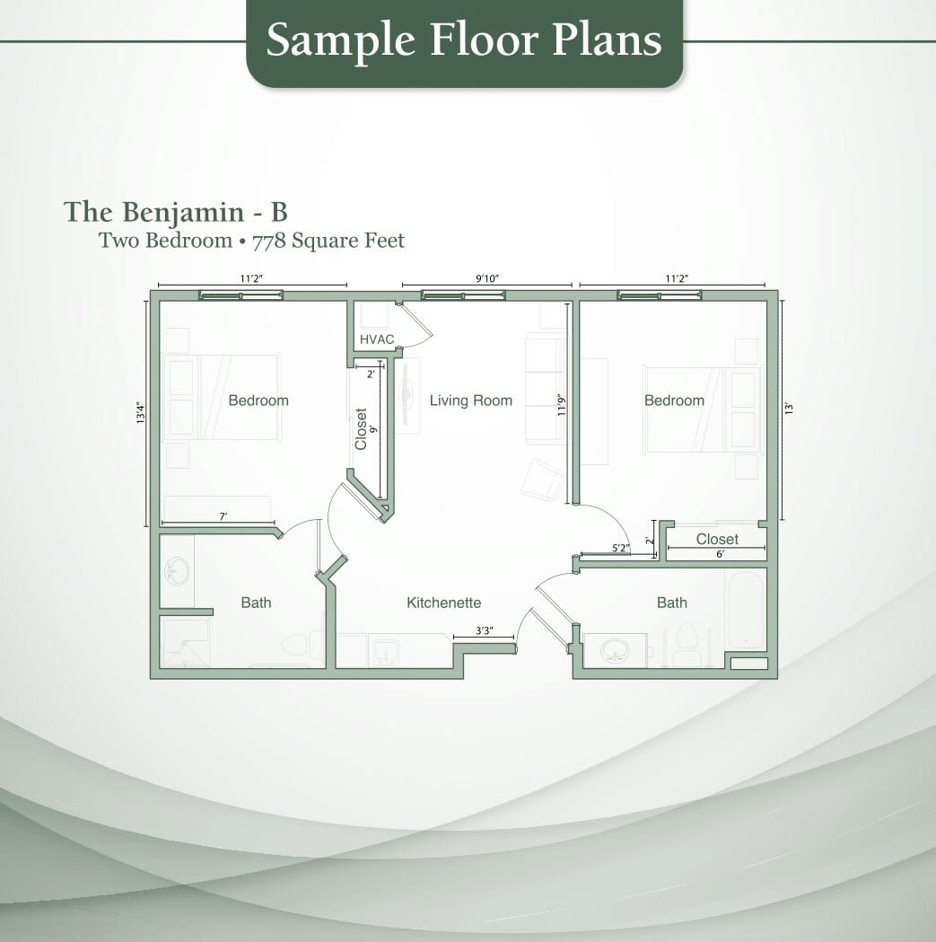 The floor plan for a two-bedroom apartment labeled 'The Benjamin - B' with an area of 1285 square feet.