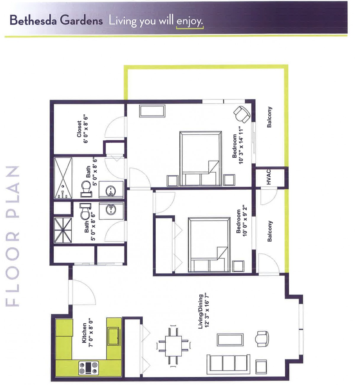 Floor plan of an apartment with labeled rooms and amenities.