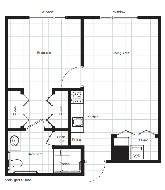 A detailed floor plan of a one-bedroom apartment, featuring a living room, kitchen, bathroom, and closet space.