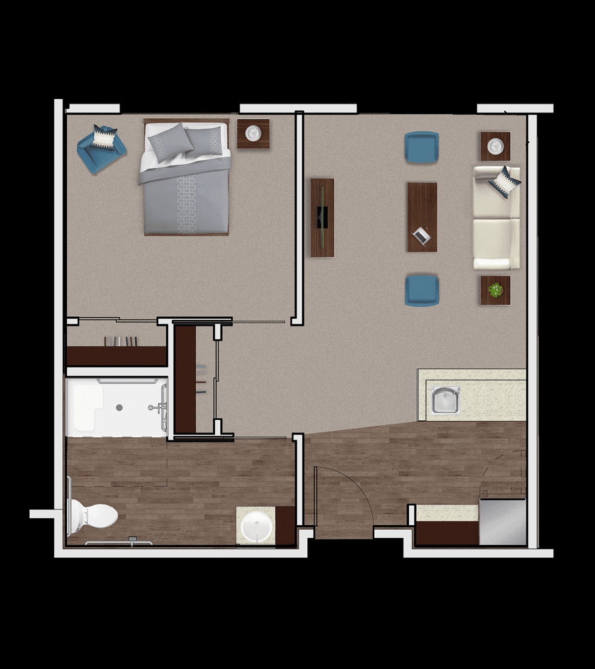 A one-bedroom apartment floor plan featuring a bedroom, living room, kitchen, and bathroom.