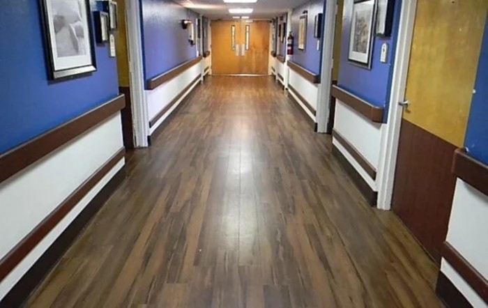A long, empty hallway with wooden flooring and decorated walls leading to double doors.
