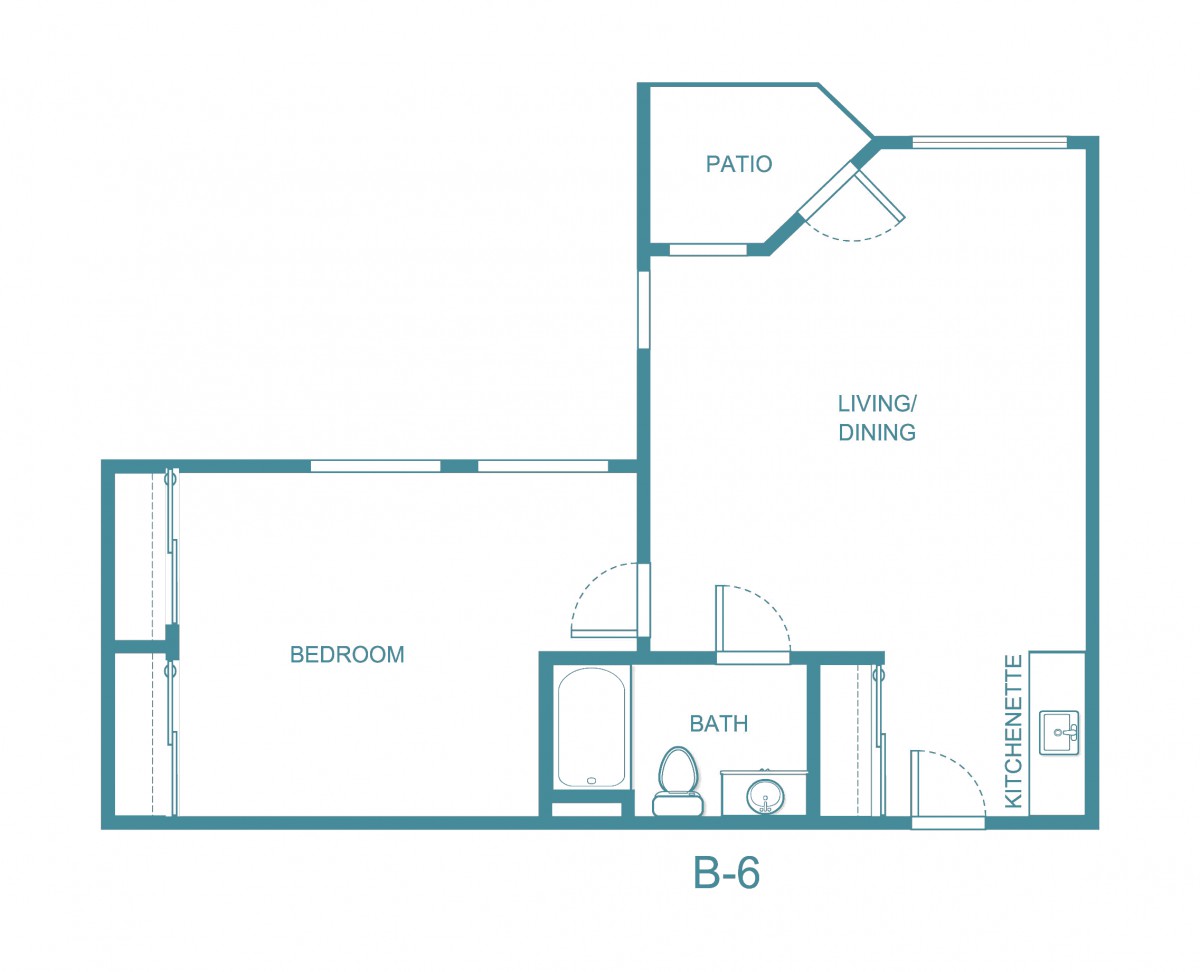 A schematic floor plan of a one-bedroom apartment.