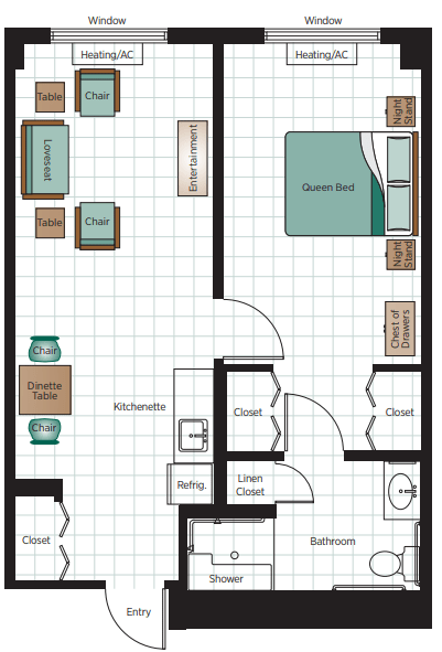A floor plan showing the layout of a one-bedroom apartment with a living room, kitchen, and bathroom.