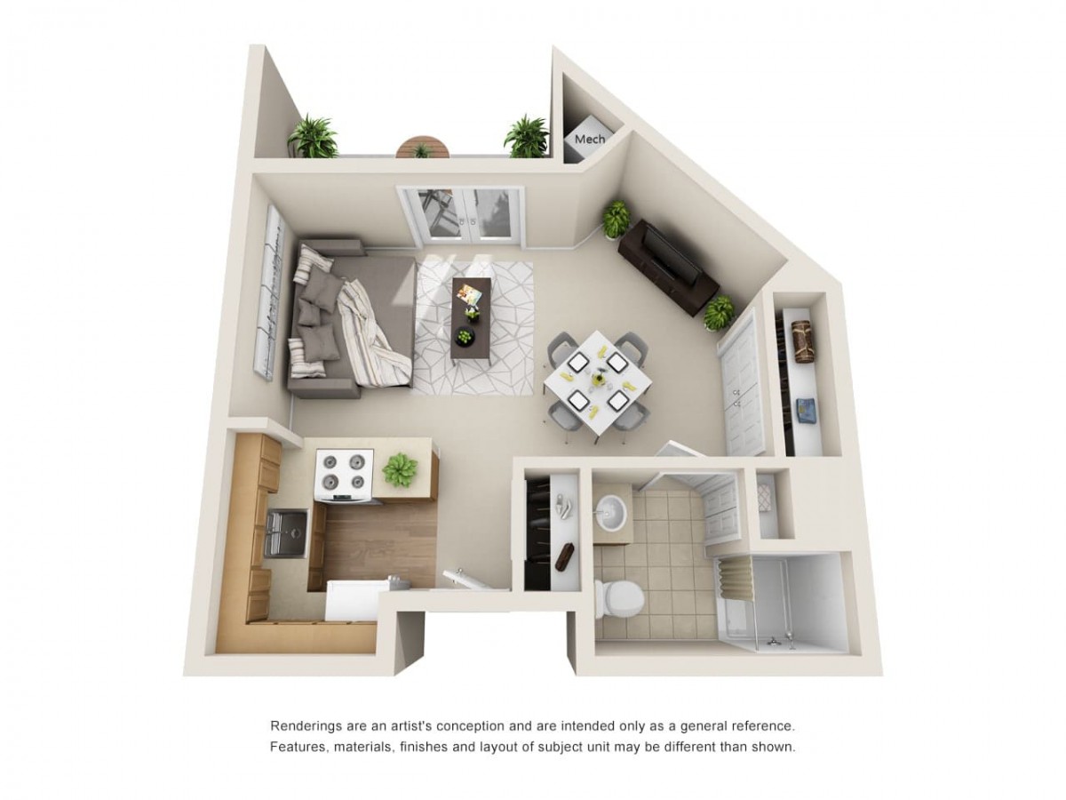 3D rendered floor plan of a modern apartment featuring one bedroom, an open living area, kitchen, and bathroom.
