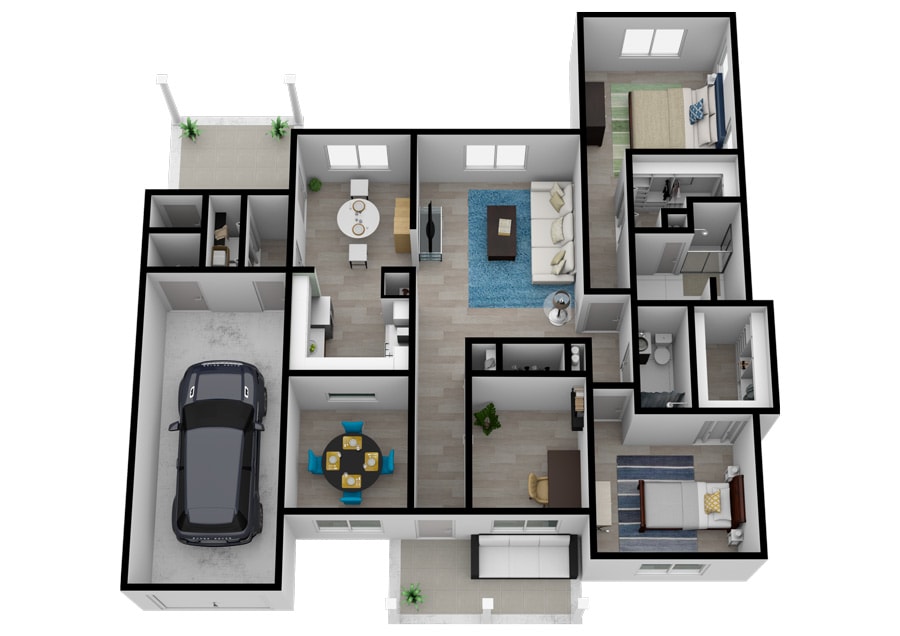 A 3D rendered floor plan of a modern apartment featuring multiple rooms including bedrooms, bathrooms, a living room, dining area, kitchen, and an attached garage.