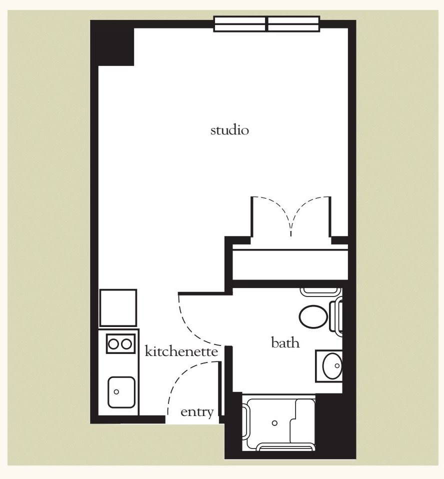 Floor plan of a studio apartment with a kitchen and bathroom.