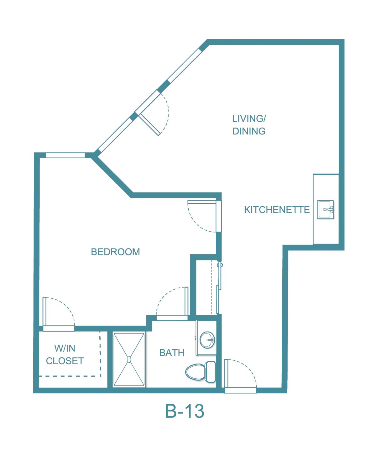 A compact one-bedroom apartment floor plan featuring a living/dining area, kitchen, bathroom, and a closet.
