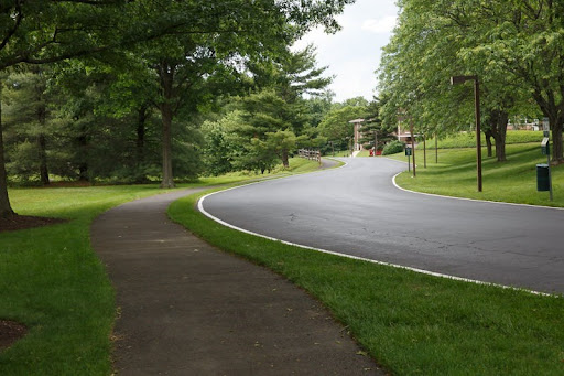 A serene view of a winding road bordered by lush greenery and a pedestrian walkway.