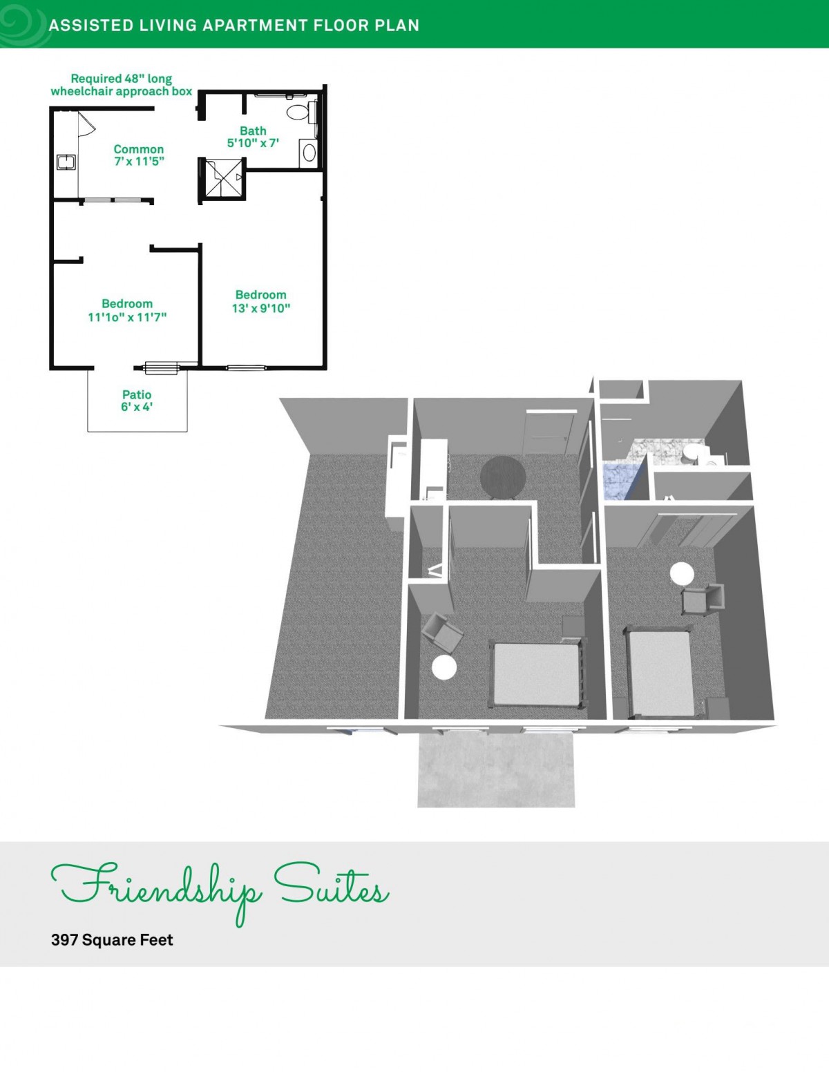 A visual representation of an apartment floor plan, featuring both a 2D and 3D layout with labeled rooms.