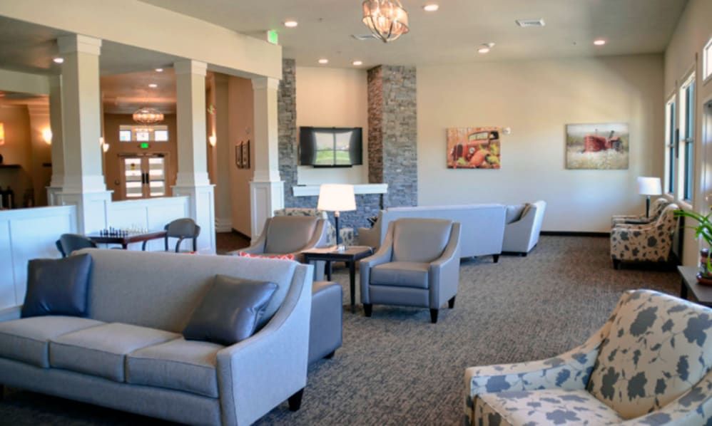 A modern living room featuring comfortable sofas, a fireplace, and natural lighting.