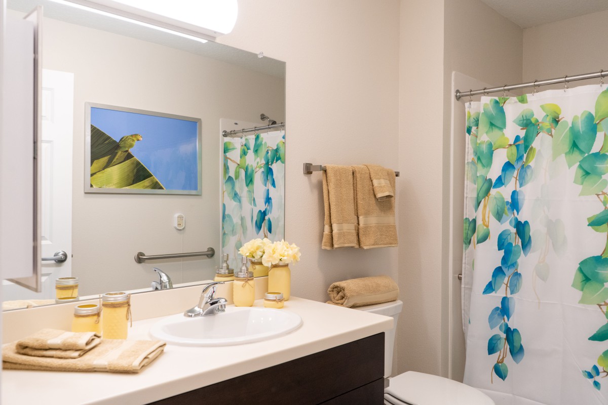 A modern bathroom with a sink, mirror, and colorful shower curtain.