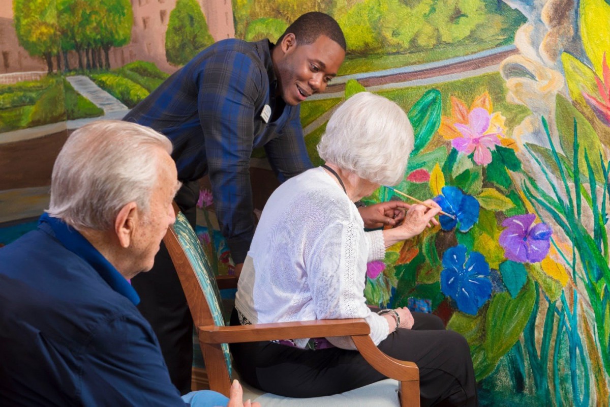 A group of people engaged in a community art activity, painting a mural together.