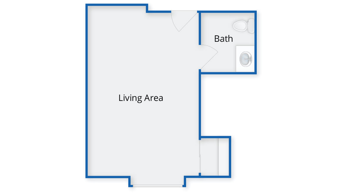 Studio apartment floor plan with living area and bathroom.