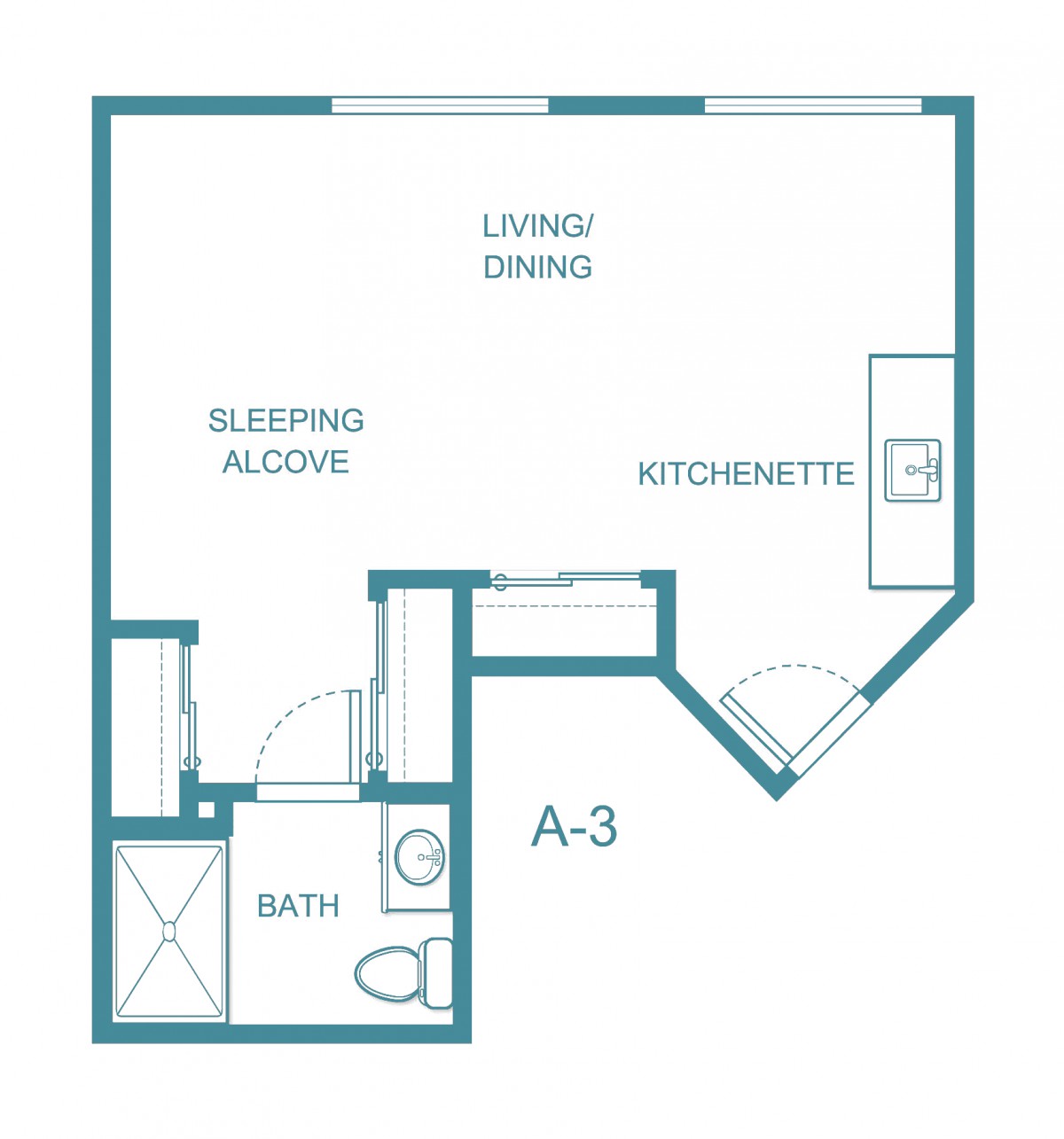 A floor plan of a studio apartment featuring a sleeping alcove, kitchenette, and bathroom.
