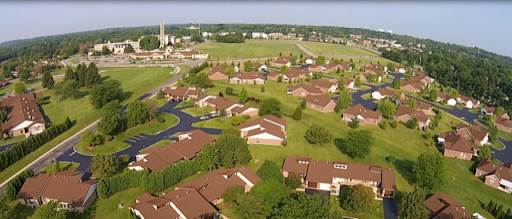 Aerial view of a peaceful suburban neighborhood with well-maintained homes and lush greenery.