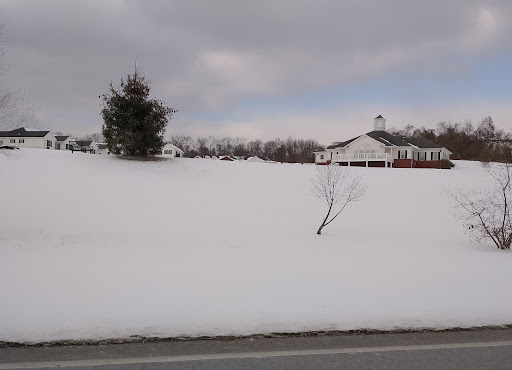 A serene winter landscape covered in snow, featuring a distant house and a tree.