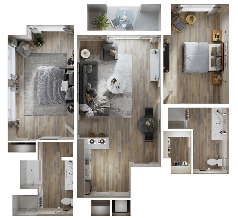 Modern one-bedroom apartment floor plan with a spacious living area and kitchen.
