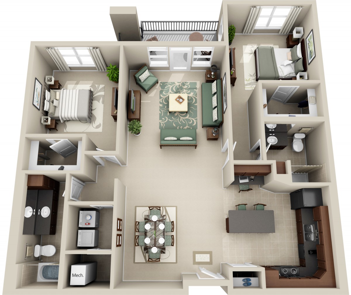 A 3D floor plan rendering of a two-bedroom apartment with modern interior design.