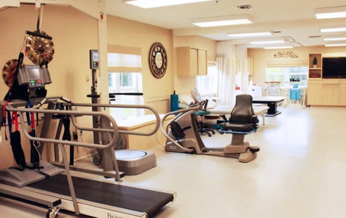 A physical therapy clinic with various exercise equipment.