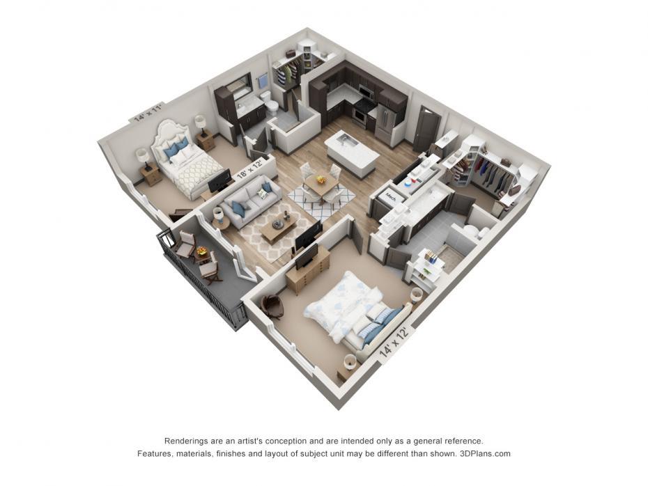 A 3D floor plan of an apartment showcasing the interior layout and furniture arrangement.