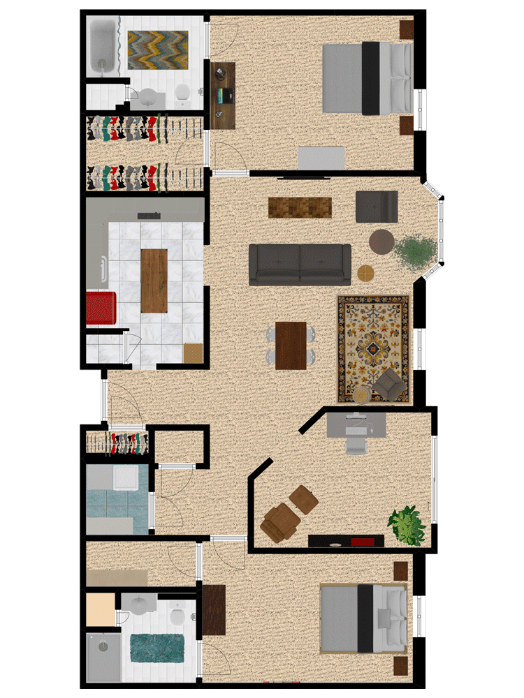 A detailed floor plan of an apartment showcasing various rooms and furniture layout.