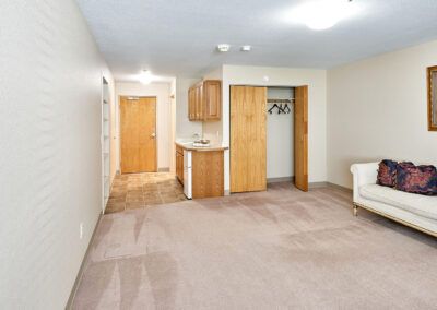 A spacious apartment interior with carpeted flooring and wooden cabinetry.