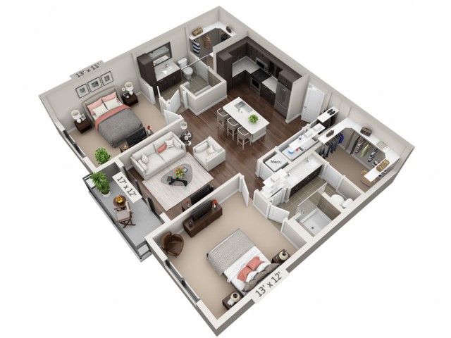 A 3D floor plan of an apartment showcasing the layout and interior design with furniture placement.