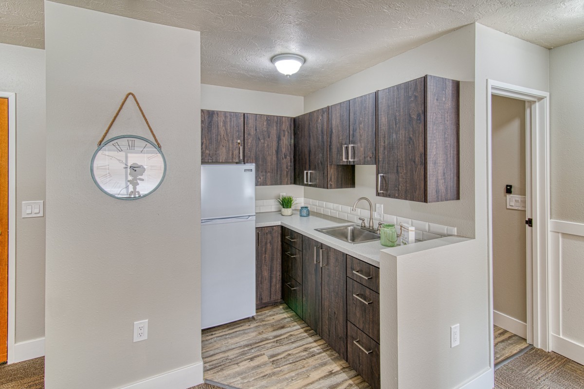 A modern apartment kitchen featuring sleek wood cabinets and a compact layout.
