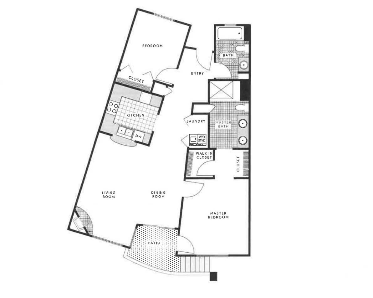 A detailed floor plan showing the layout of an apartment with designated spaces for living, dining, kitchen, bedroom, and bathroom.