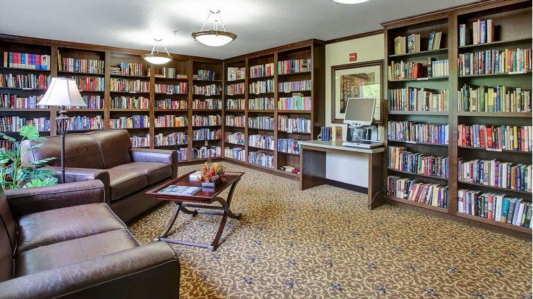 A cozy library with bookshelves, a comfortable sofa, and a small table in the reading area.