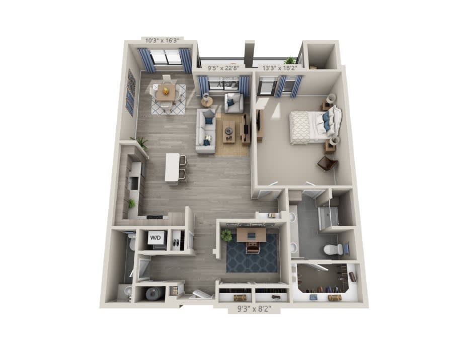 A 3D floor plan of an apartment showcasing a modern interior design with multiple rooms.