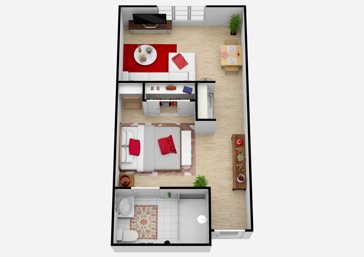 A one-bedroom apartment floor plan with a living room, kitchen, and bathroom.