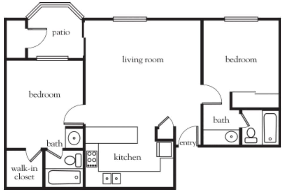 A floor plan of a single-bedroom apartment including a living room, kitchen, bedroom, bathroom, and patio.