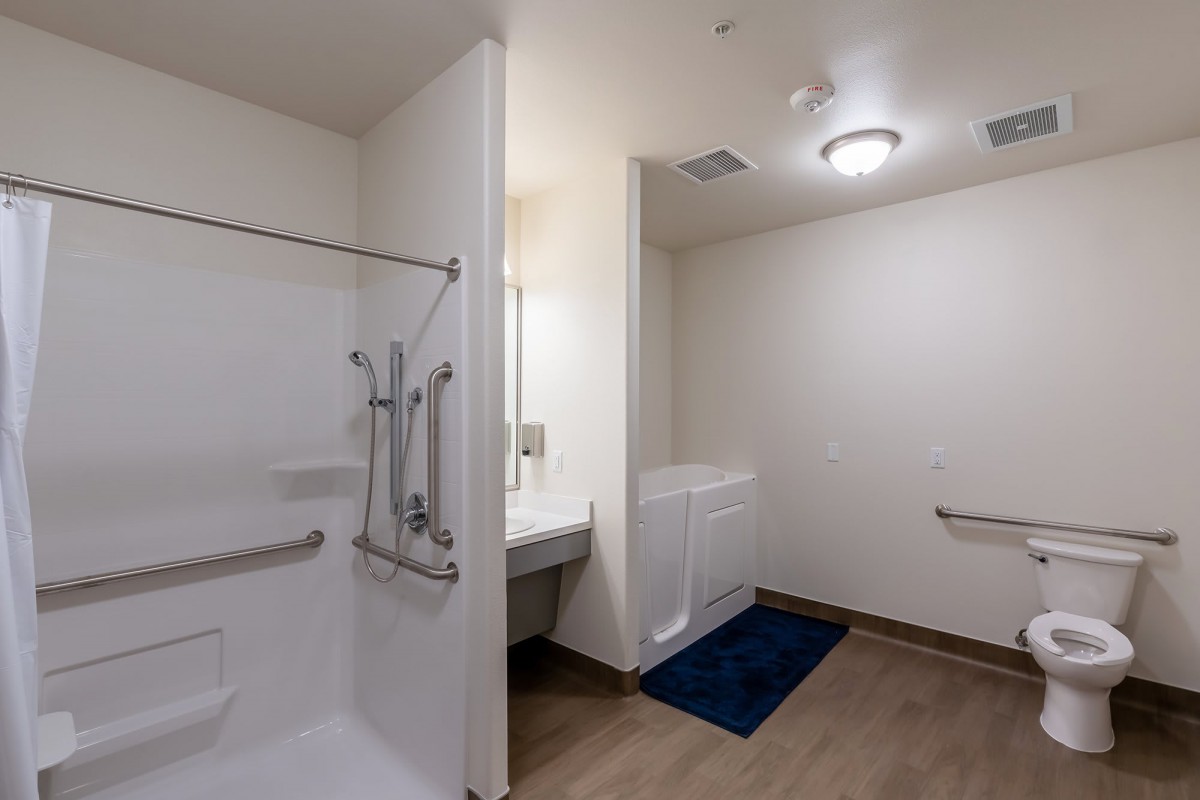 A modern, accessible bathroom featuring a shower with grab bars and a spacious layout.