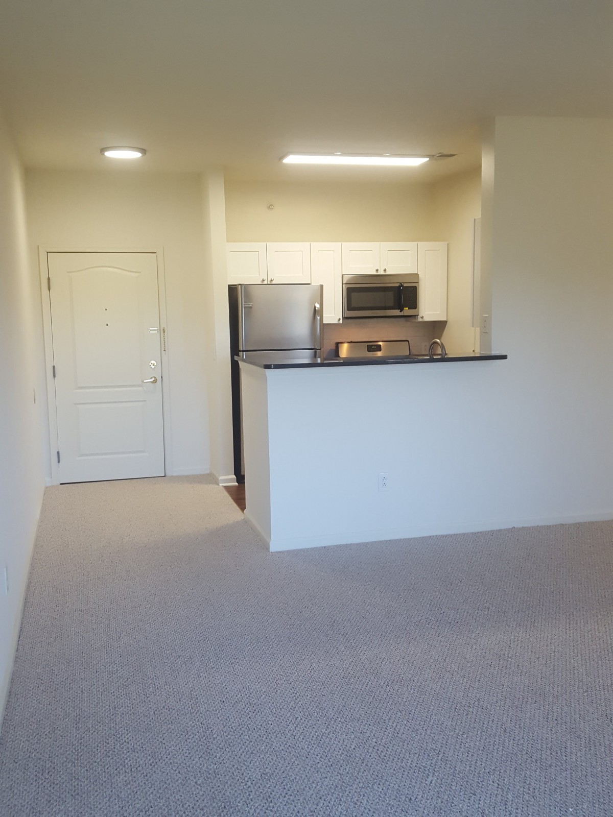 A modern apartment with an open kitchen and living area.