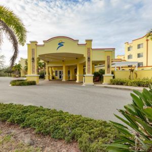 A sunny entrance to a hotel surrounded by palm trees and greenery.