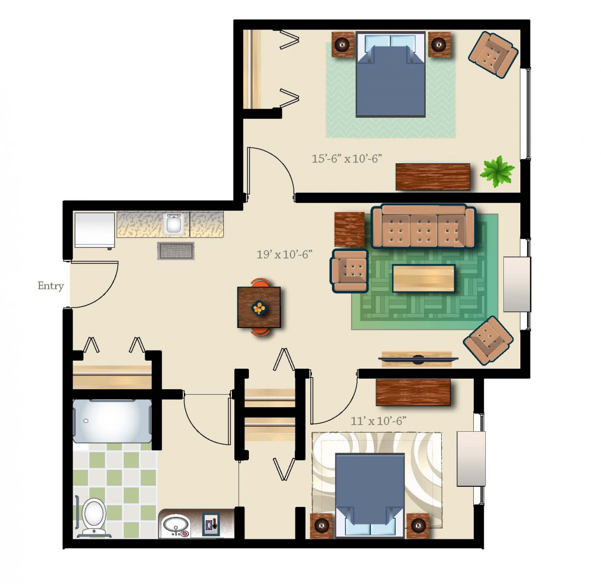 A floor plan of a two-bedroom apartment featuring a living room, kitchen, and bathroom.