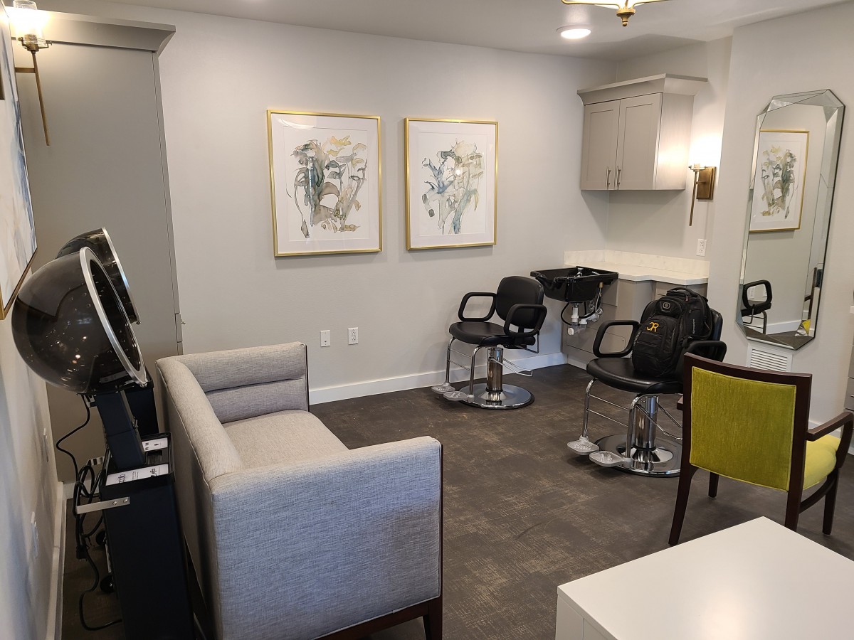A modern salon interior with chairs and artwork on the walls.