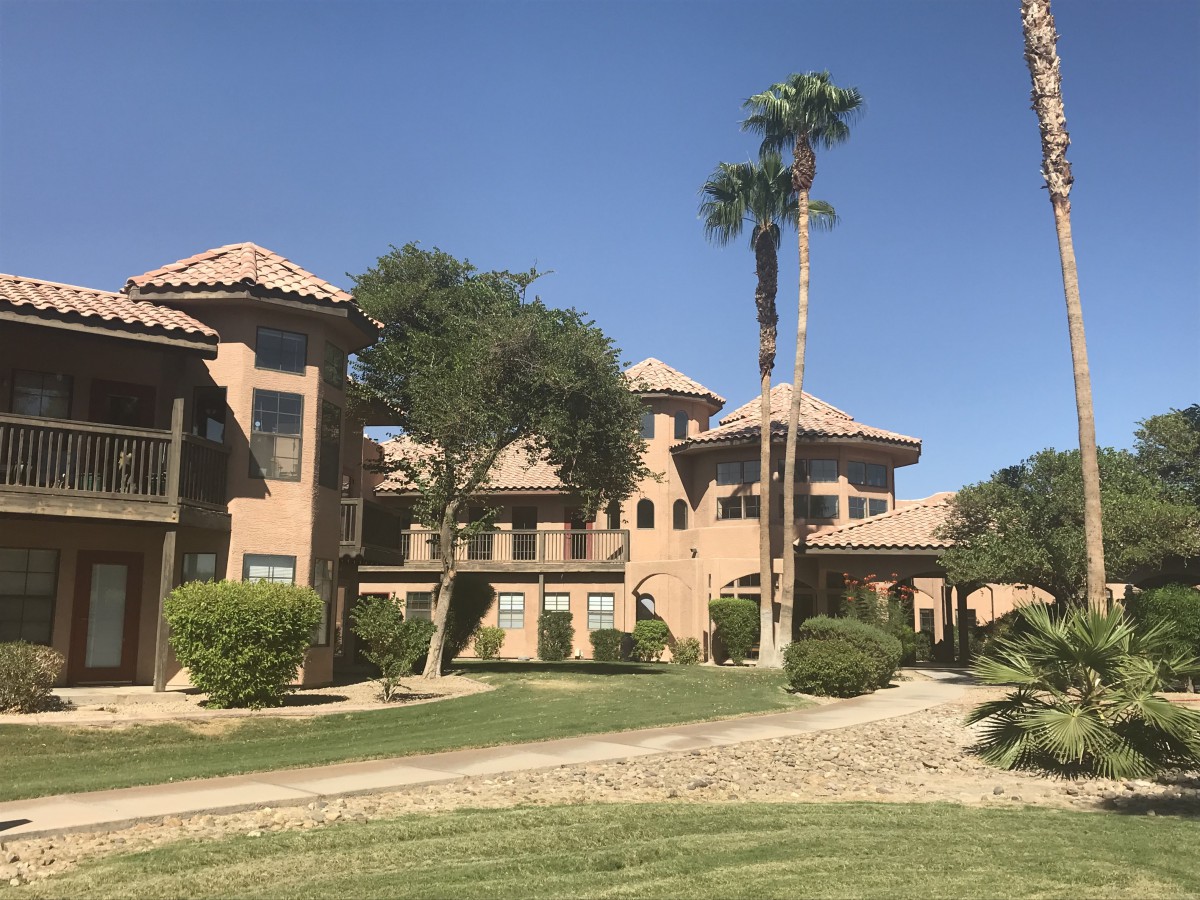 A sunny view of a residential building surrounded by palm trees and grass.