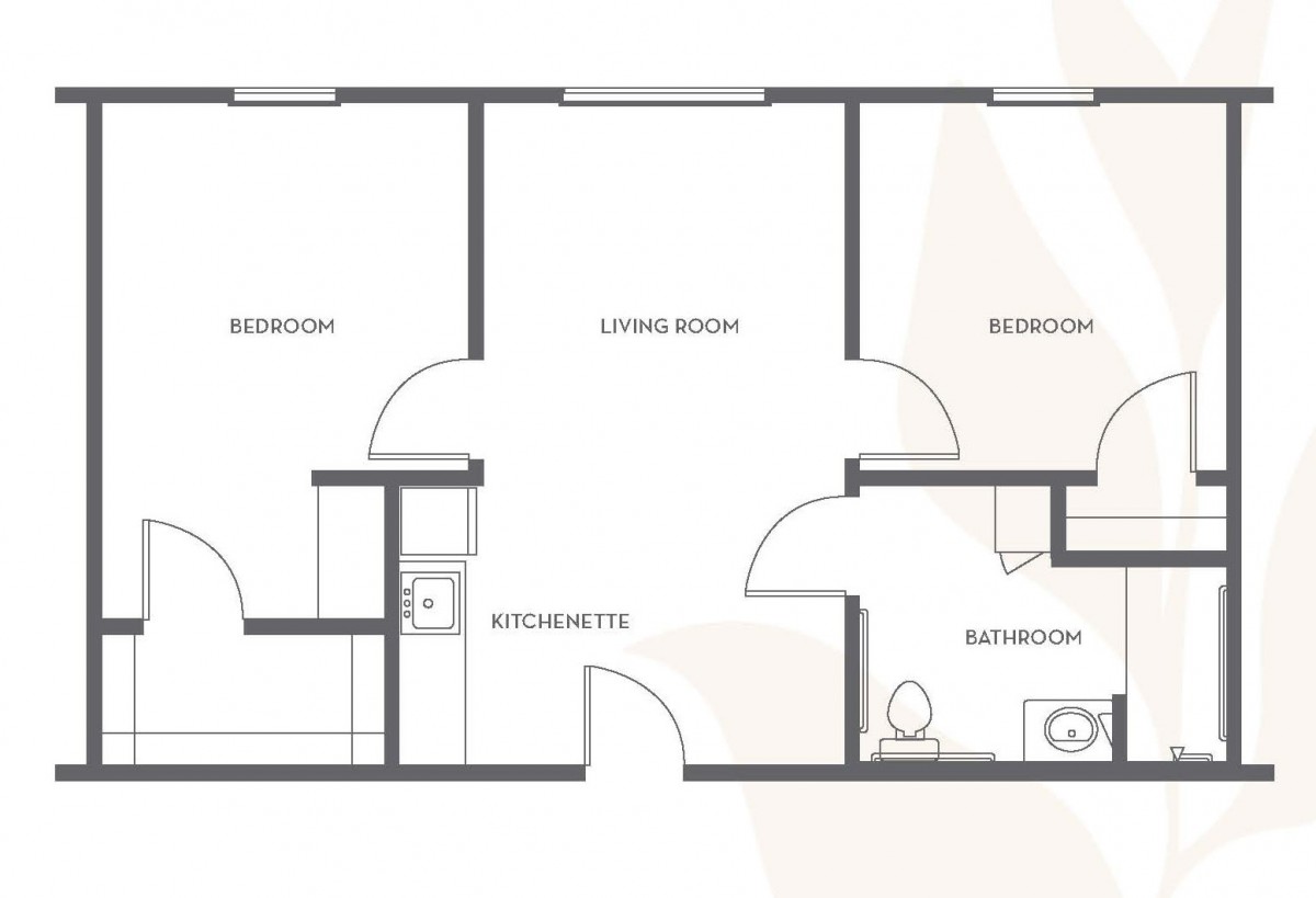 A floor plan of an apartment featuring two bedrooms, a living room, kitchenette, and bathroom.