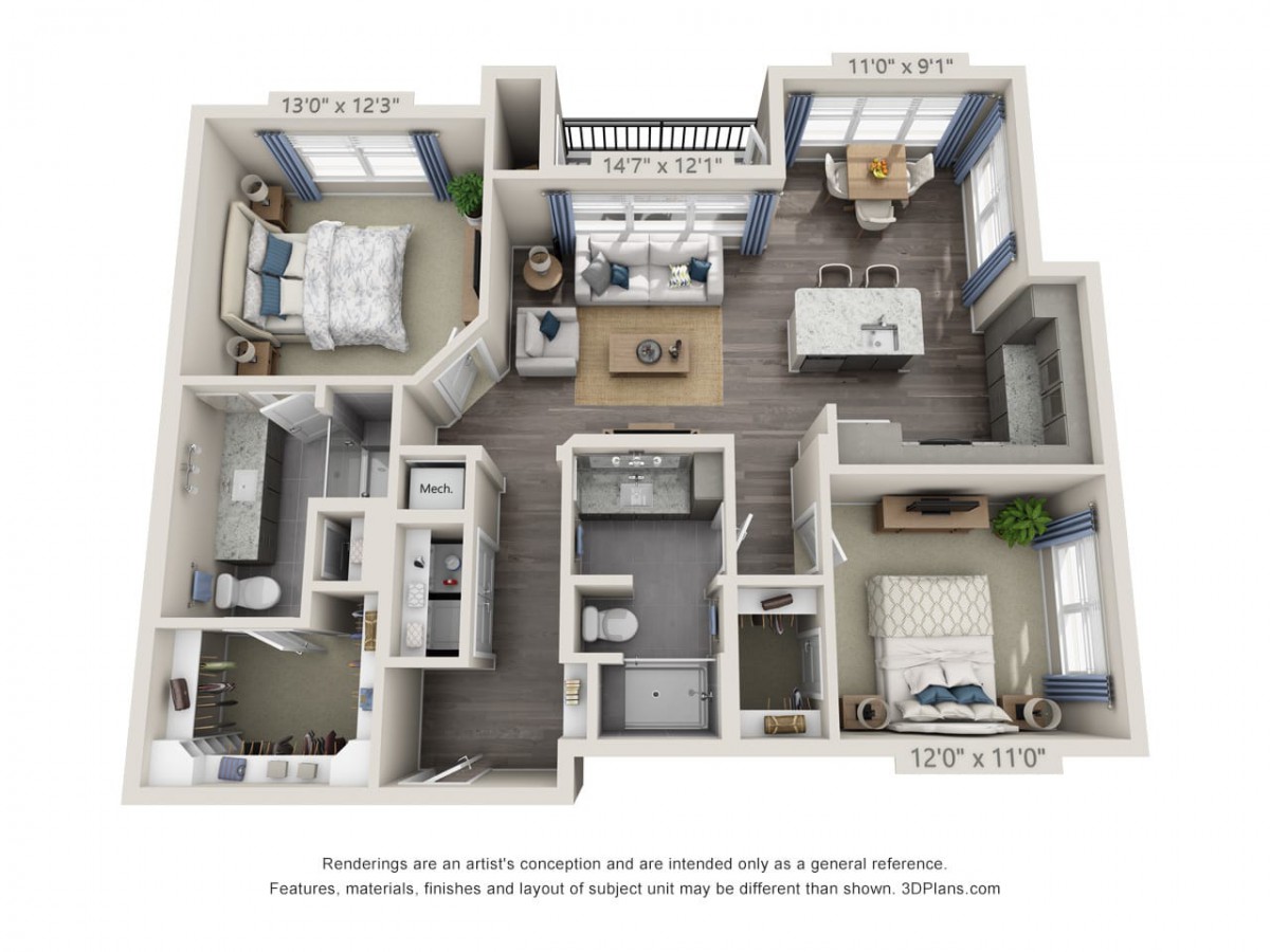 A 3D-rendered floor plan of a two-bedroom apartment showcasing bedrooms, a kitchen, living area, and bathrooms.
